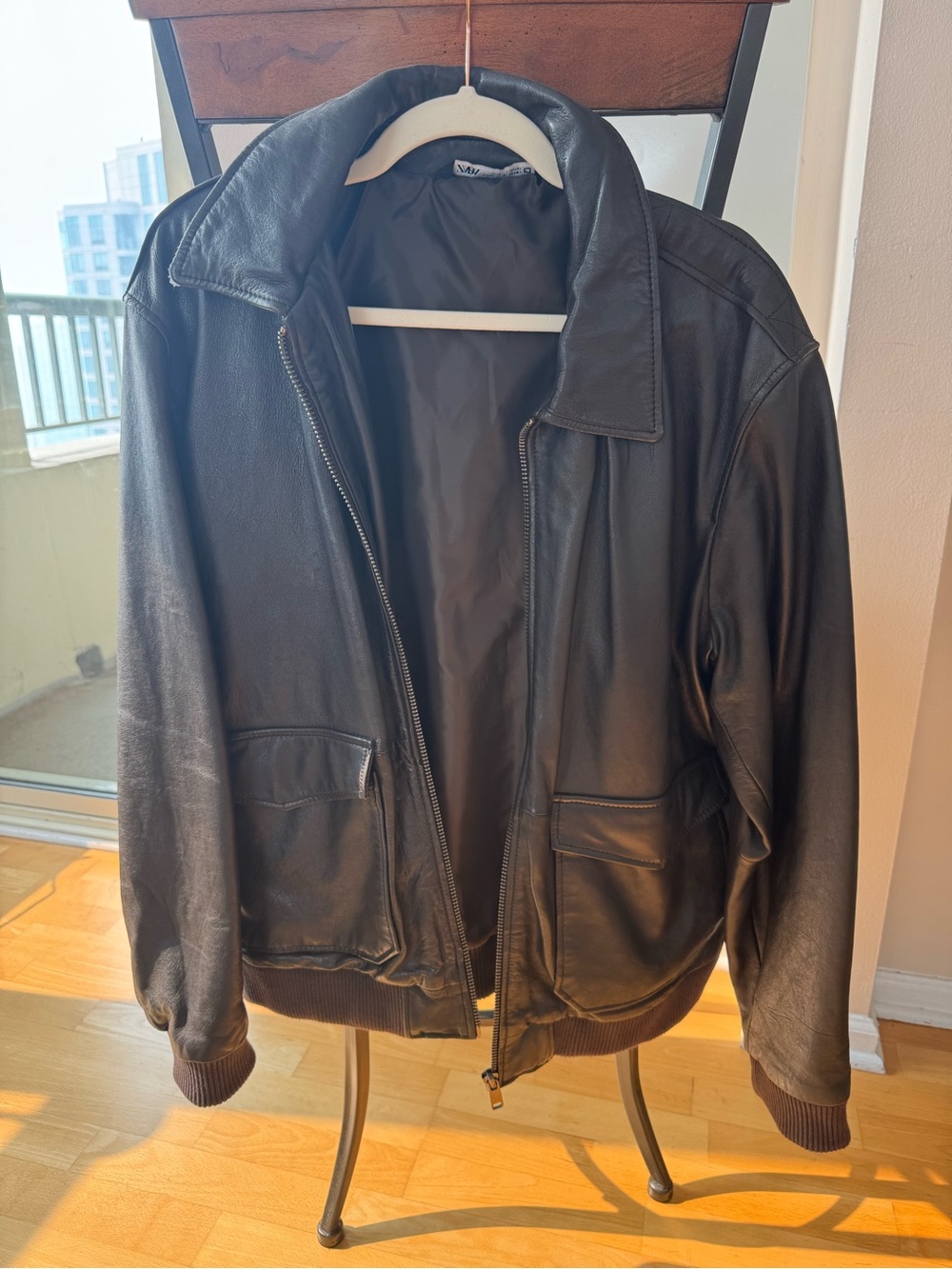 Zara Black Leather Bomber Jacket